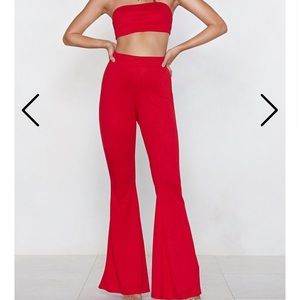 Nasty Gal Red Two Piece Top and Flare Pants Set
